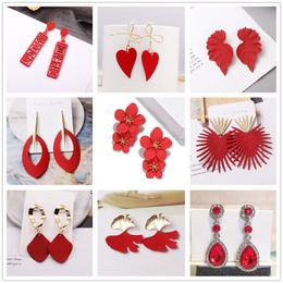 Red Colour Hang Earrings for Women Summer Korean Flower Heart Leaf Metal Ear Wedding Party Jewellery Valentine's Day Girl Gift