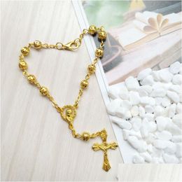 Beaded Hollow Out Metal Bead Rosary Bracelet Gold Cross Strand Catholic Jewelry Gifts Drop Delivery Bracelets Dhbry