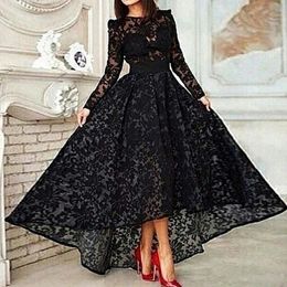 Schwarze muslimische Abendkleider 2023, A-Linie, lange Ärmel, Teelänge, Spitze, islamisches Dubai, Saudi-Arabien, langes, elegantes Abendkleid