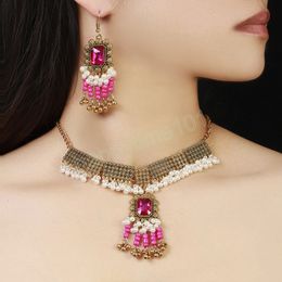 Boho Vintage Pink Square Crystal Earrings Women Jewelry Set Antique Gold Color Statement Tassel Necklace Femme Indian Jewelry