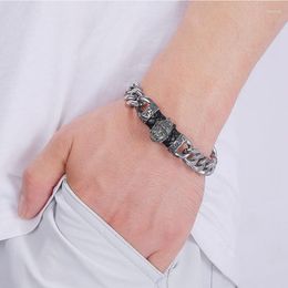 Link Bracelets Religious Buddha Men 12mm Wide Stainless Steel Curb Cuban Hand Chain Braided Leather Charm Bangles Male Jewelry GS0139