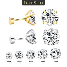LUXUSTEEL 1Pairs/2Pcs Stainless Steel Crystal Studs Earrings For Women Men 4 Prong Tragus Round Clear Cubic Zirconia Ear Jewellery