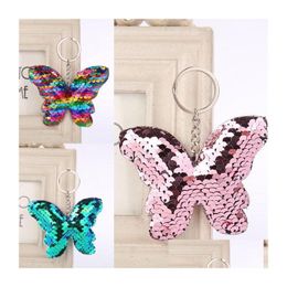 Keychains Lanyards Beautif Butterfly Keychain Glitter Sequins Keyfob Gift For Women Girl Laveros Mujer Car Bag Pendant Accessories Dhkyp