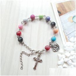 Beaded Mticolor Plastic Rosary Bracelet Women Cross Religious Jewelry Drop Delivery Bracelets Dhskt