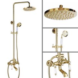Bathroom Shower Sets Gold Color Brass Two Ceramic Handle Wall Mounted Bathroom Rain Shower Head Bath Tub Faucet Set Telephone Shape Hand Spray mgf372 G230525