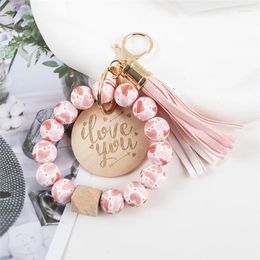 Keychains Trendy Heart Flower Silicon Beads Tassel Keychain Wood Letter Wooden Disc Bracelet Keyring For Women Girls Jewelry Gifts