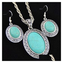 Earrings Necklace Womens Oval Beads Tibetan Sier Turquoise Set Gstqs030 Fashion Gift National Style Women Diy Jewellery Sets Drop Del Dhn81