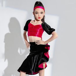 Stage Wear 2023 Girls Latin Dance Performance Costume Bubble Sleeves Tops Suit Competition Dress Kids Clothes BL10504