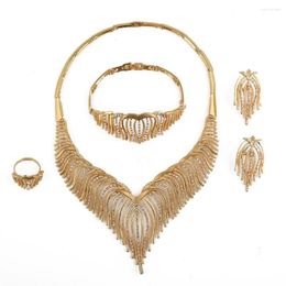 Necklace Earrings Set 24K Gold Color White Stone Angel Wing Animal Feather Choker Jewelry