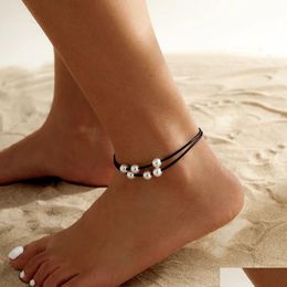 Anklets Boho Black Wax Thread Adjustable Chain Anklet Women Summer Beach Imitation Pearl Pendant Foot Jewellery Drop Delivery Dhla1