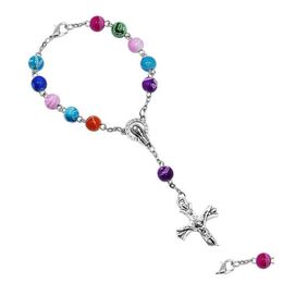 Charm Bracelets Religious Cross Rosary Strand Bracelet 8Mm Colorf Acrylic Beads Catholic Women Jesus Crucifix Drop Delivery Jewelry Dhgsq