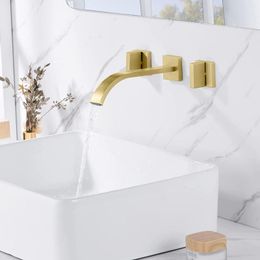 Bathroom Sink Faucets High Quality Brass Faucet Wall Mounted Wash Basin Hand Tap Two Handles Three Holes Lavabo