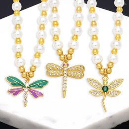 Pendant Necklaces Chunky White Pearl Beaded Necklace For Women Copper Zircon Dragonfly Statement Crystal Jewellery Gifts Nkeb596