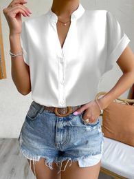 Women's Blouses 2023 Summer Solid Color Simple V-neck Ladies Shirt Women's Clothing White Women