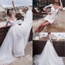 Marvelous Jewel Neckline 2 In 1 Wedding Dress With Detachable Skirt Lace Appliques 3/4 Sleeves Two Pieces Bridal Gowns 2024