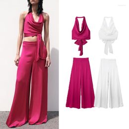 Women's Two Piece Pants Women Silk Satin Set For Fashion Bow Decoration Hurdleneck Top And Female Trousers Suit Ladies