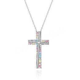 Simple Stylish Cross Shape Women Pendant Necklace Colorful Birthday Gift Shiny CZ Female Fashion Accessories Jewelry