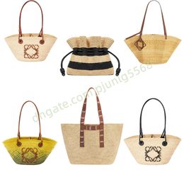 Top quality designer a5 anagram basket Straw weave Shoulder Bag women's embroidery tote handbag Fold shopper bag man travel stripes pochette duffel clutch Beach Bags