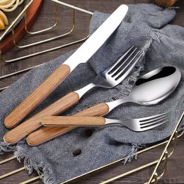 Dinnerware Sets 1 PC Retro Stainless Steel Tableware With Wooden Handle Spoon Knife Fork Cutlery For Home Kitchen Utensils