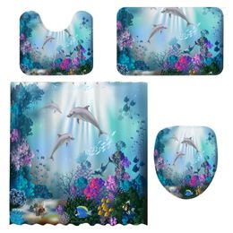 Shower Curtains Curtain Bathroom Set Sets Bath Mat Rug Decor Rugs Toilet Fabric Cover Partition Ocean Animal Floor Seat Exquisite Anti