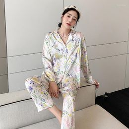 Women's Sleepwear Sexy Ice Silk Colour Floral Printed Satin 2Pcs Pyjama Summer Women Long Sleeve Shirt Pants Two-Piece Homewear Nightwear