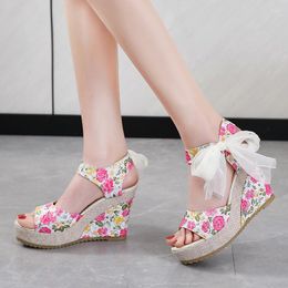 Sandals Printed Linen Wedge For Women Stylish Summer Fashion Design Peep Toes Yarn Bowknot Decoration Thick Sole Female Shoes