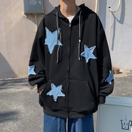 QNPQYX New Men's Hip Hop Hoodie Sweatshirts Y2K Streetwear Vintage Five-pointed Star Patch Zip Up Hooded Men Harajuku Casual Loose Pulloyer