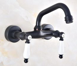 Bathroom Sink Faucets Black Brass Wall Mounted Basin Faucet 360 Degree Swivel Spout Double & Cold Handle Mixer Tap Knf821