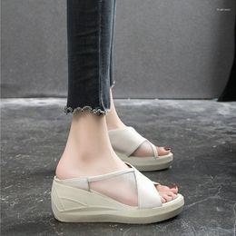 Slippers Pu Leather Mesh Wedge Sandals Shoes Women Platform Summer 2023 Fashion Thick Sole Peep Toe Beach Casual Slides