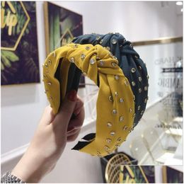 Headbands Highend Hair Accessories Women Drilling Solid Color Middle Knot Widebrimmed Headband Girl Wild Band Headwear Drop Delivery Dhcwg