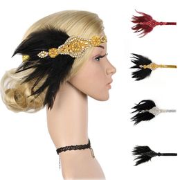 Headbands Fashion Party Flapper Feather Headband With Black Rhinestones Sequins Headpiece Crystal Beaded Handmade Wedding Accessorie Dhnnt