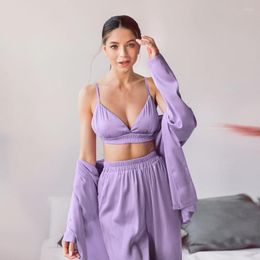 Women's Sleepwear Solid Satin Pajamas Set Woman 3 Pieces Single Breasted Women's Nightwear Loose Lapel Purple Bra Sets With Pants