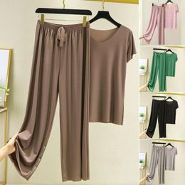 Women's Two Piece Pants Women T-shirt Set Pleated Wide Leg Short Sleeves Homewear Pullover Thin Plus Size Summer Top Trousers Clothing