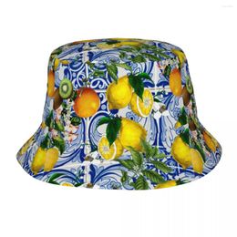 Berets Mediterranean Lemon On Blue Ceramic Tiles Unisex Bucket Hats Customise Summer Travel Beach Citrus Fruit Hat