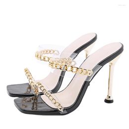 Slippers 2023 Women Clear PVC Transparent High Heel Summer Fashion Chain Design Slip On Square Toe Slides Mules Pumps