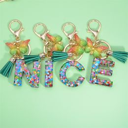 A to Z Heart Sequins Filled Letter Keychain For Women Purse Charms Fashion Gradient Colour Butterfly Tassel Pendant with Keyring