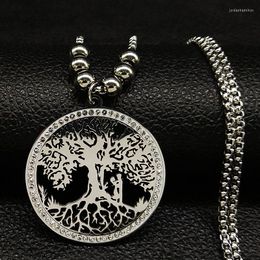 Pendant Necklaces Couple Tree Of Life Stainless Steel Crystal Charm Necklace Women Silver Colour Long Bead Jewellery Collares Mujer N22S07