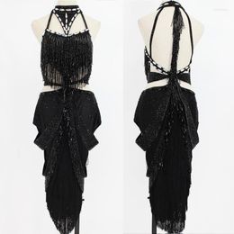 Stage Wear Latin Dance Costume Women/Girls Black Fringe Dress Sexy Backless Party Tassels Skirt Chacha/Samba/Tap Competition