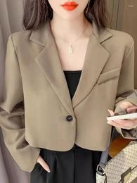 Women's Suits Jmprs Fashion Single Button Women Cropped Blazer Korean Long Sleeve Elegant Suit Jacket Office Ladies Female Khaki Coat