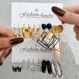 Trendy Gold Colour Black Metal Resin Earrings Set for Women Retro Geometry Circle Pearl Heart Butterfly Drop Earring 2022 Jewellery