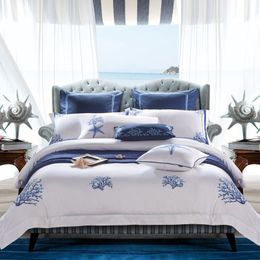 s Chic Blue Coral Embroidered Luxury White Egyptian Cotton Duvet Cover Set US Queen King Size 4/6/10Pc 230524