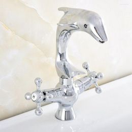 Bathroom Sink Faucets Polished Chrome Brass Swivel Spout Dual Cross Handles Cute Animal Dolphin Style Kitchen Faucet Mixer Tap Asf852