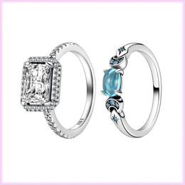925 Sterling Silver Pandora Ring Stack Wearing Princess Rectangular Bright Halo Ring Female Niche Design Sense Fashion Jewellery Accessories Free Delivery