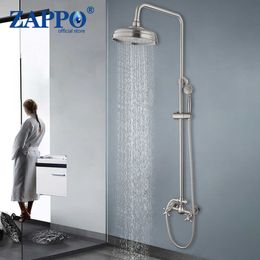Bathroom Shower Sets ZAPPO Round Bathroom Shower Set Rainfall Handshower Cold Hot Water Mixer Shower System Nickel Brush Shower Faucets Tap G230525
