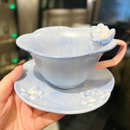 Netizen Fresh Embossed Plum Blossom Petal Cup and Plate, Girl Heart, Small Crowd Design, Handmade Underglaze Painted Tea Cup, Coffee Cup