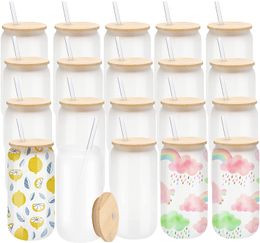 US Warehouse!!! ship in 24h Sublimation Frosted Glass Mugs Cup Blanks With Bamboo Lid Clear Beer Can Glasses Tumbler Mason Jar Plastic Straw E0525