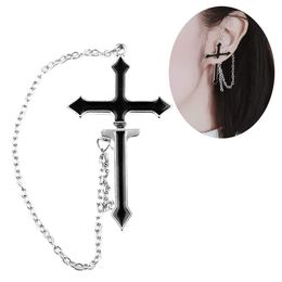 Goth Black Emamel Big Cross Drop Earrings For Women Metal Chain Punk Ear Piercing Jewellery Christian Female Hip Hop Ear Ring Girl