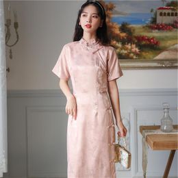 Ethnic Clothing Summer Chinese Dress Qipao Fashion Elegant Casual Satin Slim Pink Short Sleeve Modern Cheongsam Vestidos De Mujer Verano