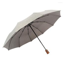 Umbrellas Retro Fully Automatic Men Folding Rain Umbrella 3folding Business Wooden Handle Paraguas Plegable Resistente Al Viento