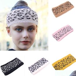 Headbands New Winter Warmer Ear Soft Rabbit Fur Headband Leopard Turban Women Wide Stretch Hairband Headwrap Hair Accessories Drop D Dhmqn